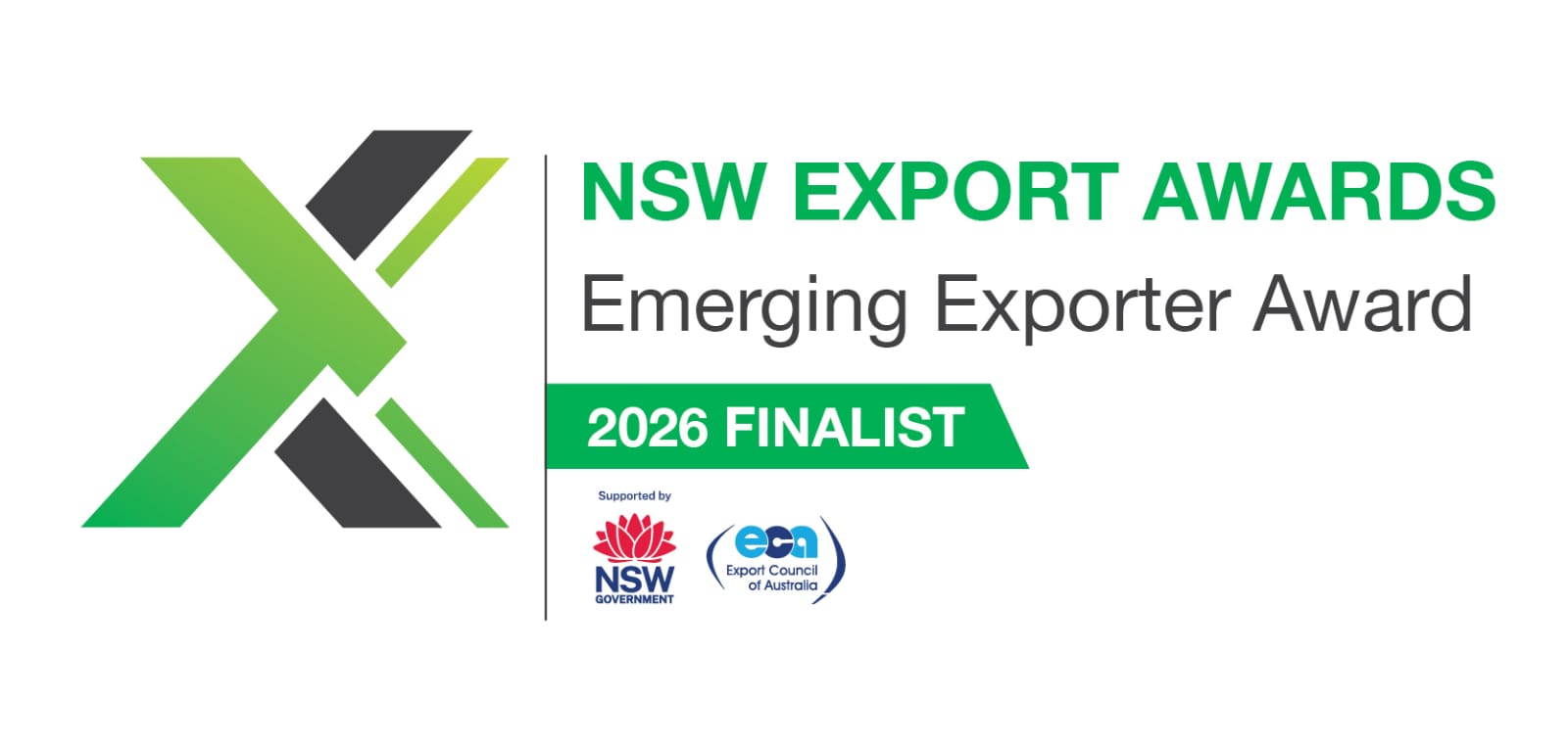 NSW Export Awards 2026 finalist badge, Emerging Exporter Award, supported by the NSW Government and the Export Council of Australia
